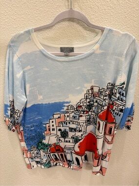 Joseph Short-Sleeve Scenic Print Tee in Light Blue, Red & Coral